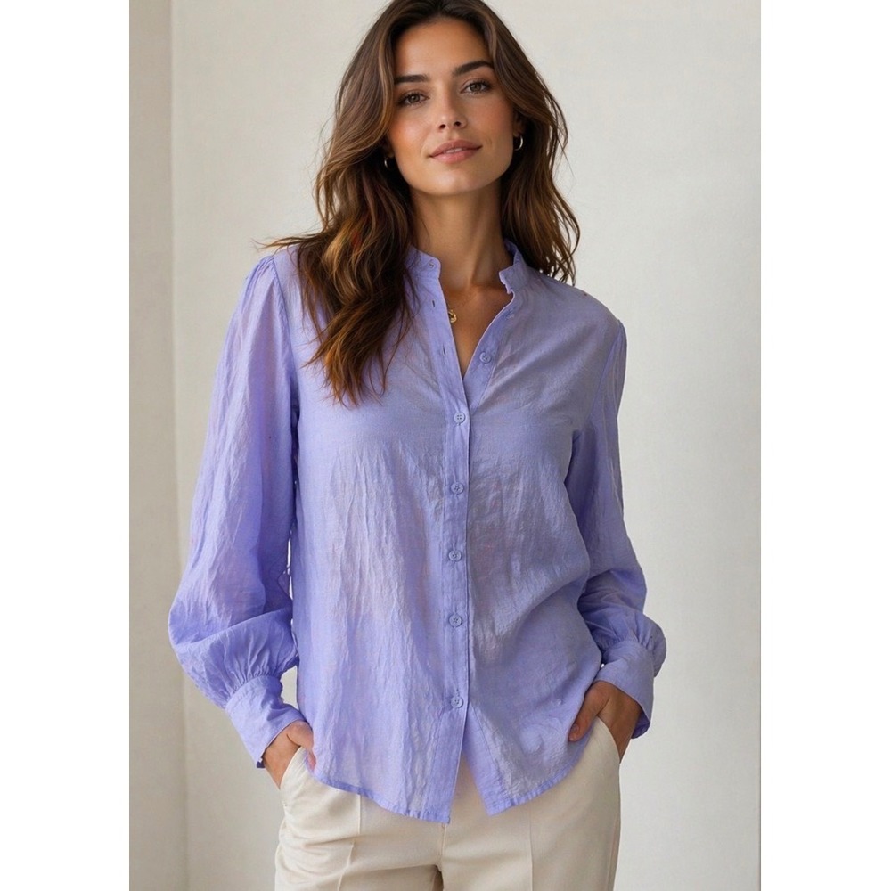 Anthropologie Lavender Purple Mock Neck Puff‎ Sleeve Button Down Blouse XS